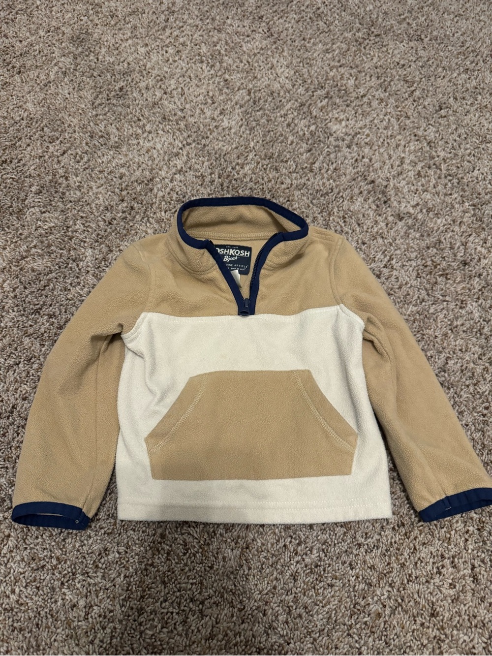 OshKosh B'gosh Beige and Cream Quarter-Zip Fleece Pullover with Navy Trim
